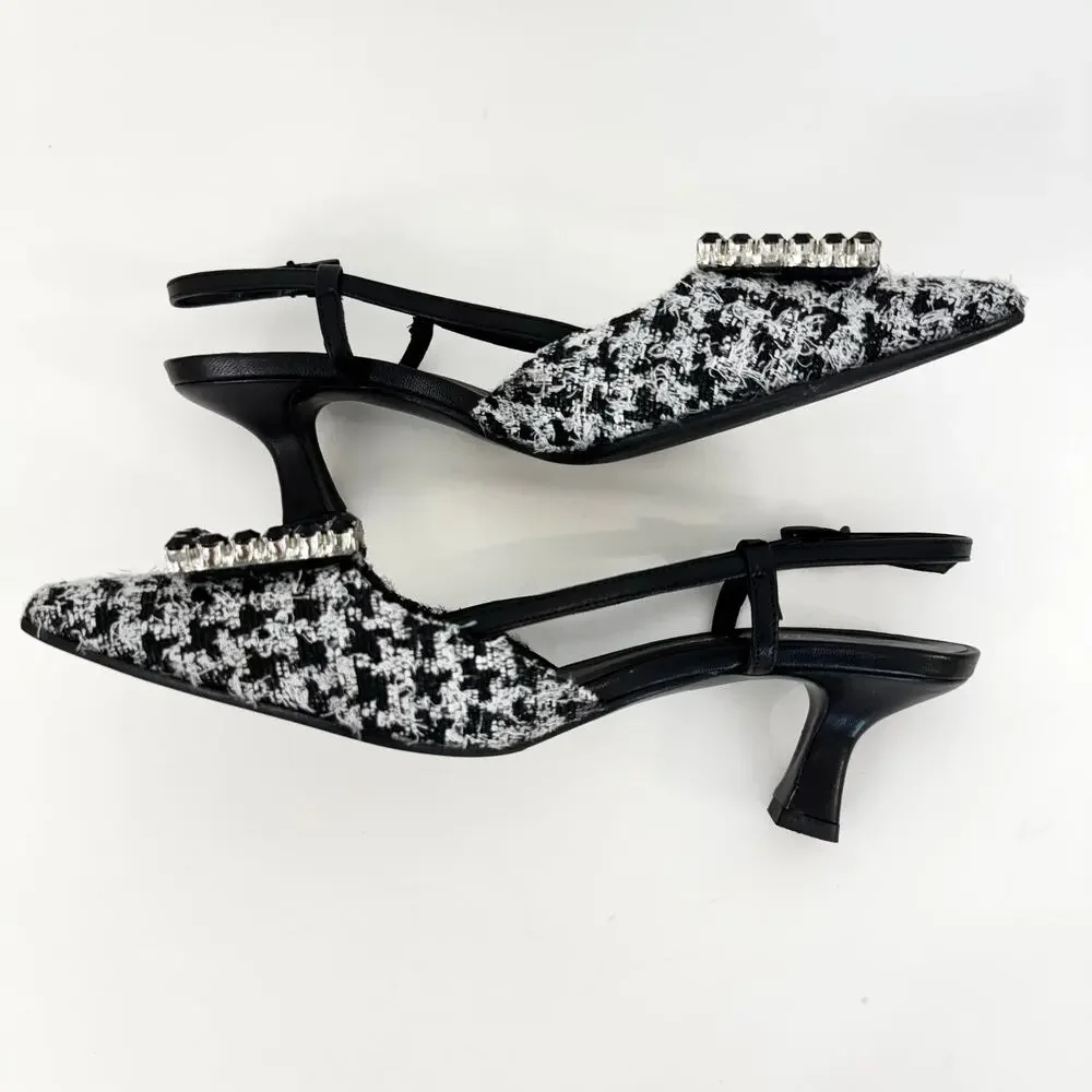 Roberto Festa Atena Slingback Pumps Embellished Buckle Houndstooth 39.5 (US9.5)